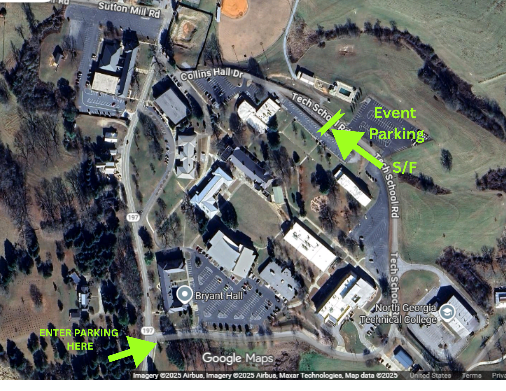 Map of North Georgia Technical College showing the parking entrance on Rt 197, event parking, and the start/finish
